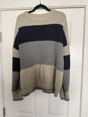 Oversized Chunky Colorblock Knit Sweater in Navy, Gray & Beige